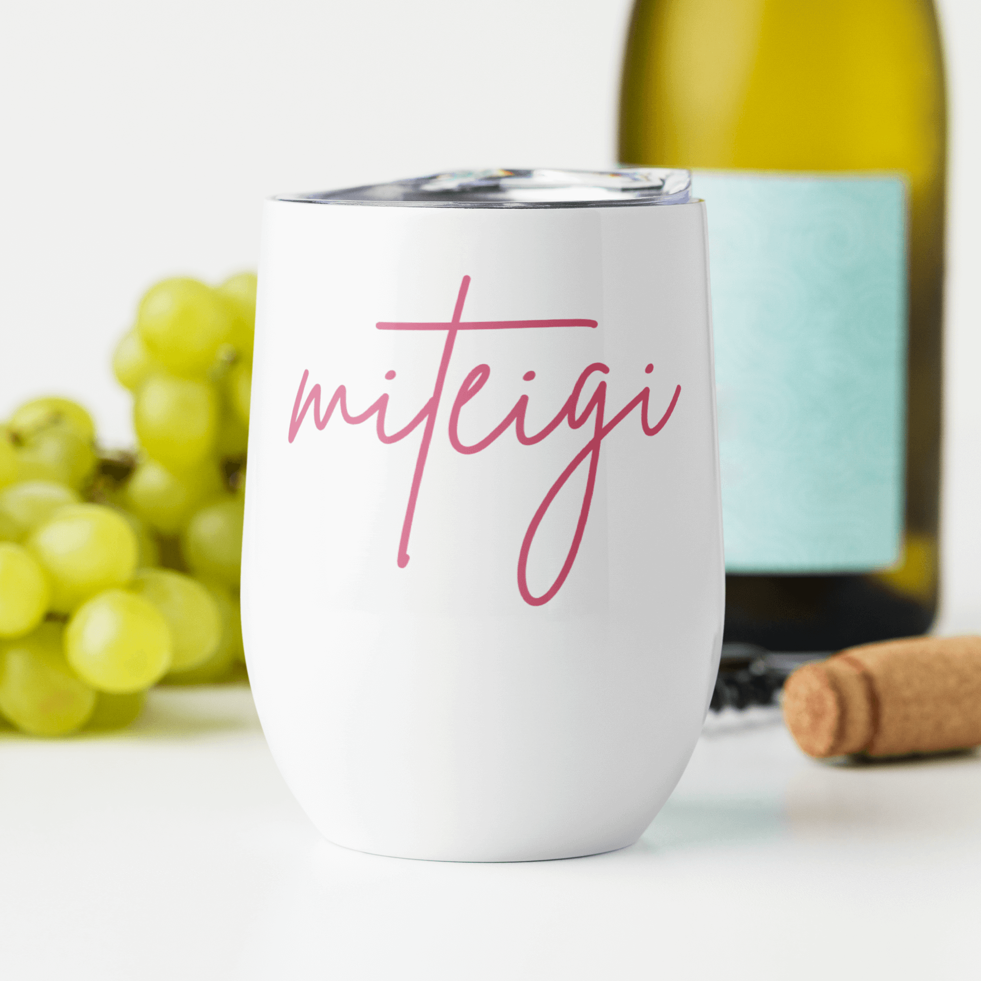 miteigi Tumbler Script Logo pink miteigi-logo design stainless steel wine, milk drinks tumblers with lid Outdoor sports fitness drinkware in white with pink pattern