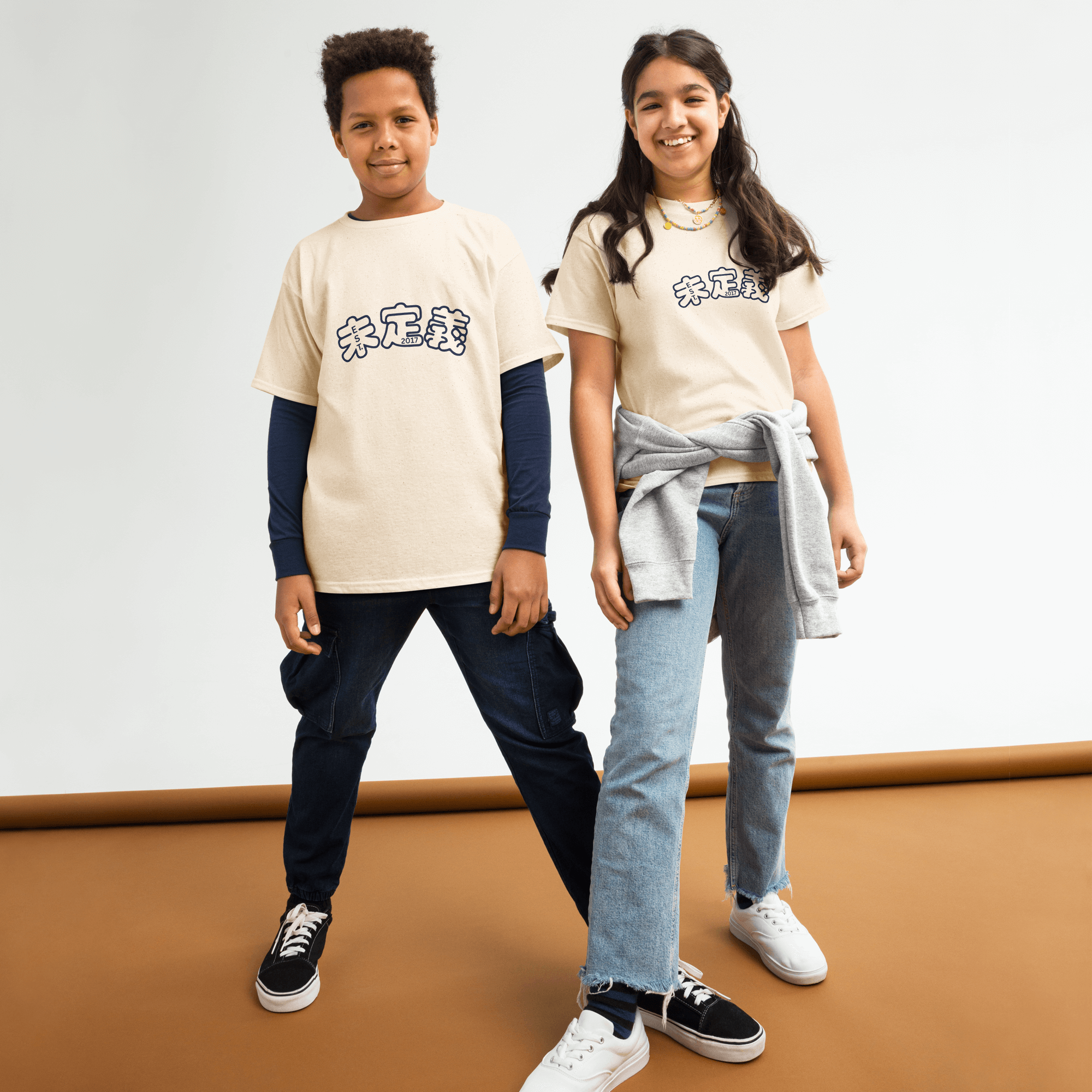 Kids Classic Tee Arch Logo     Unisex Boys Girls Summer Short Sleeves Tops Round O-Neck Crewneck Tees Casual Activewear Sport Streetwear School Teens Kids Petite plus size Fitness T-Shirts Clothes in cream