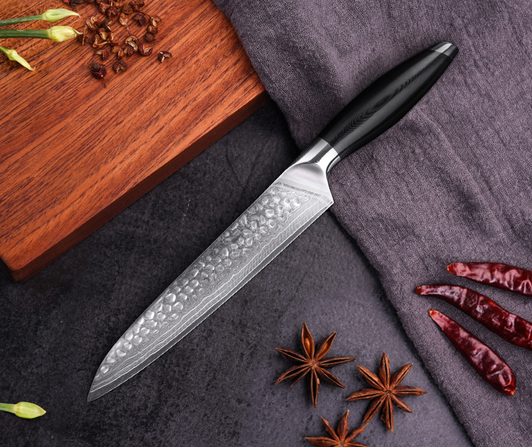 Damascus Chef Slicing Knife 8 inch Japanese G10 Handle Hammered Pattern Ultra Sharp Blade Cleaver Cooking Cutter Kitchen Trend Japan Meat Knives