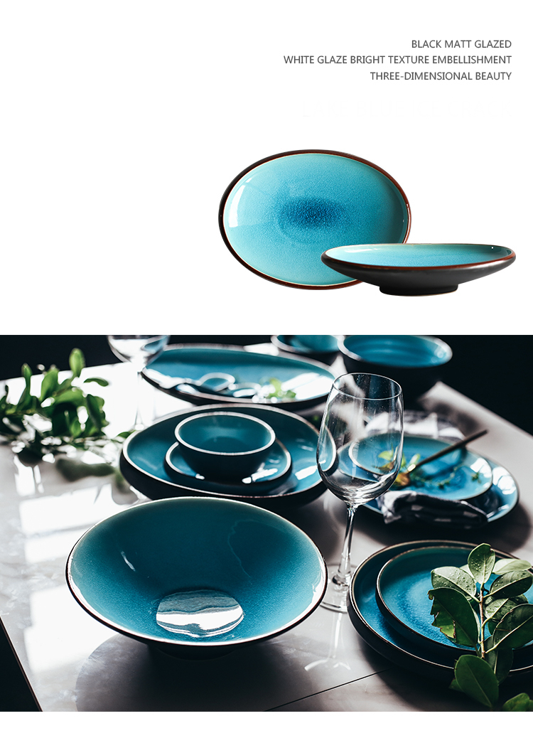 Crack Glaze Ceramic Dinnerware Japanese Ice Cracking Tableware Household Dishes Set Bowl Plate Dish Rice Bowls Steamed Fish Dishes Porcelain Blue Trend Japan Dinner Plates Sets