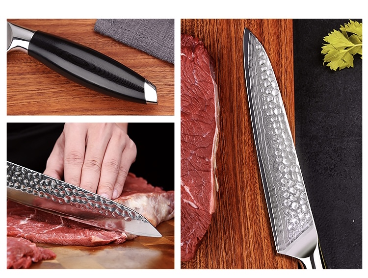 Damascus Chef Slicing Knife 8 inch Japanese G10 Handle Hammered Pattern Ultra Sharp Blade Cleaver Cooking Cutter Kitchen Trend Japan Meat Knives