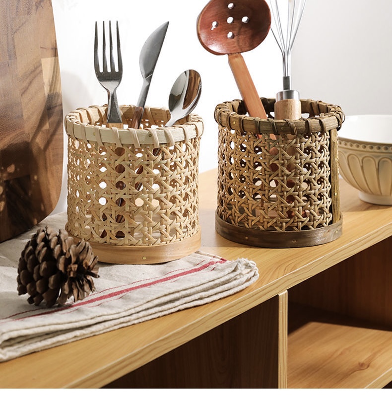 Rattan Storage Basket Creative Indonesian Weaving Kitchen Utensils Bucket Tools Knife and Fork Utensil Baskets Student Study Room Office Desktop Makeup Brush Pen Trend Indonesia Buckets Containers in Light Dark Brown