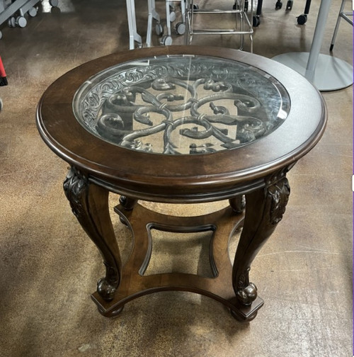 Wood end table with glass top 28" round