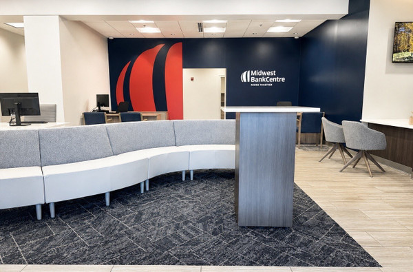 Midwest BankCentre Frontenac branch client lounge with curved River seating