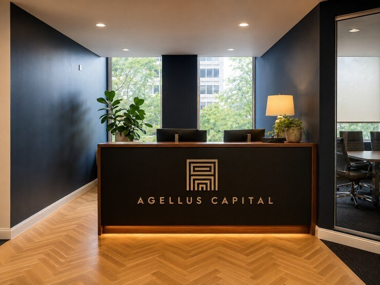 Branded reception and welcome desk at the Agellus Capital headquarters expansion