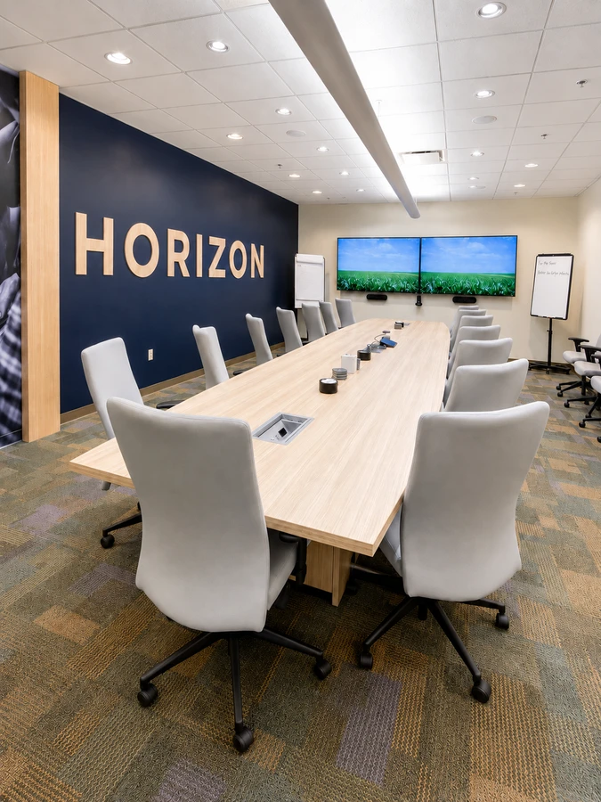Biotechnology headquarters boardroom with conference table and dual presentation screens