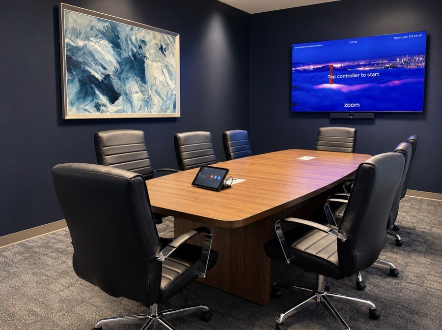 StrategiCom conference room with wood table and black executive chairs