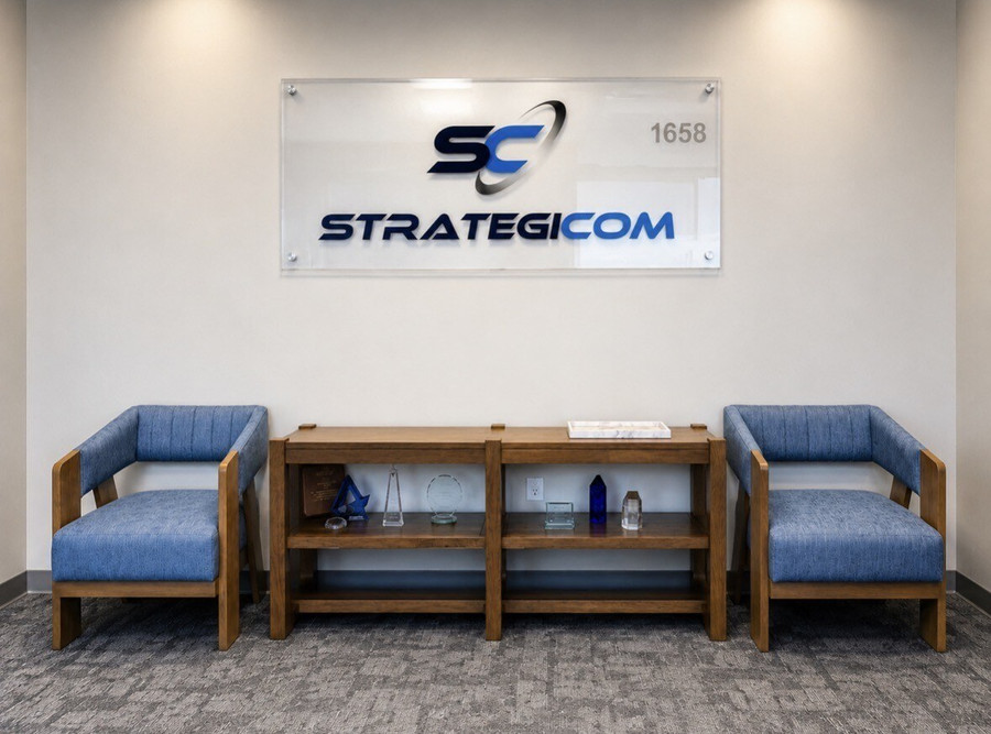 StrategiCom office expansion lobby and reception seating in O'Fallon Missouri