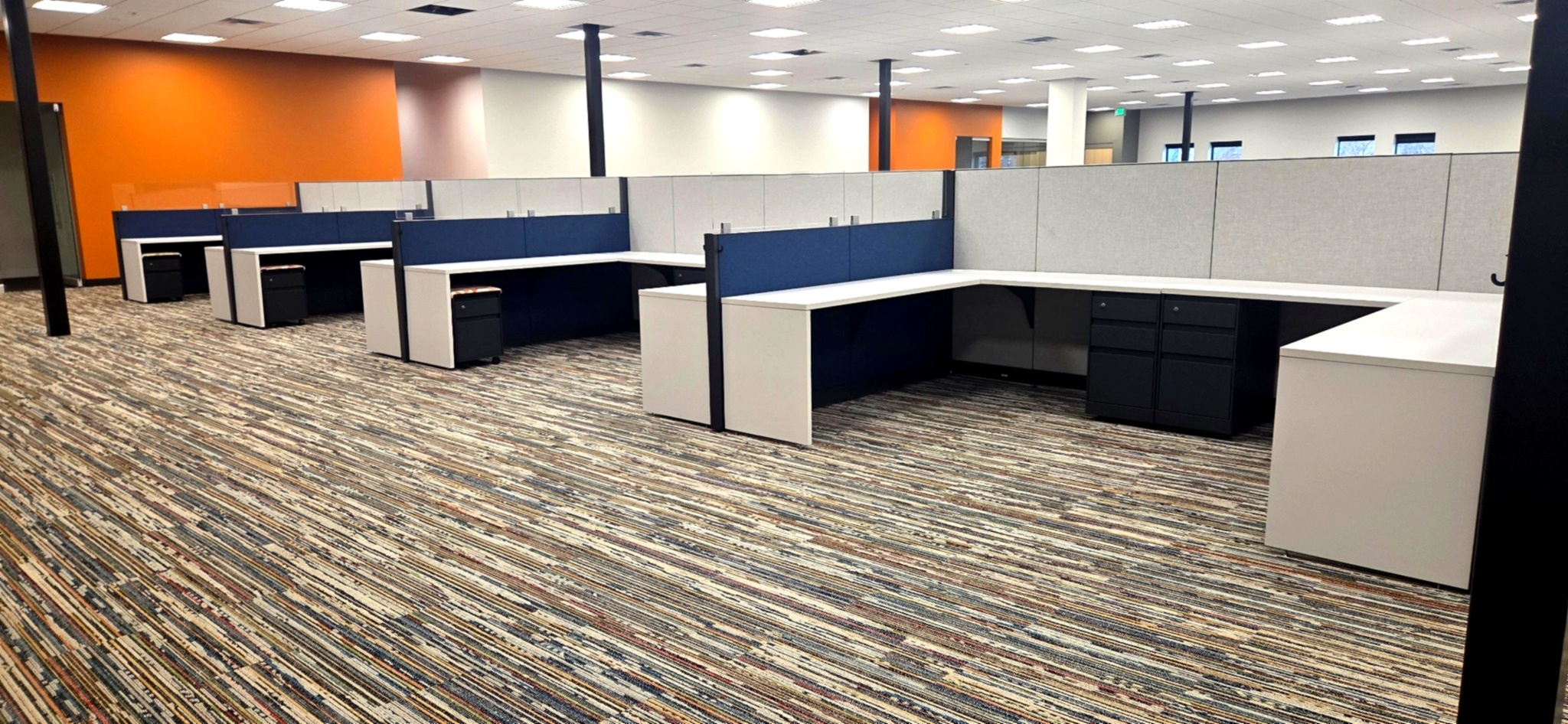 Open cubicle and workstation office installation by Warehouse of Fixtures TNG