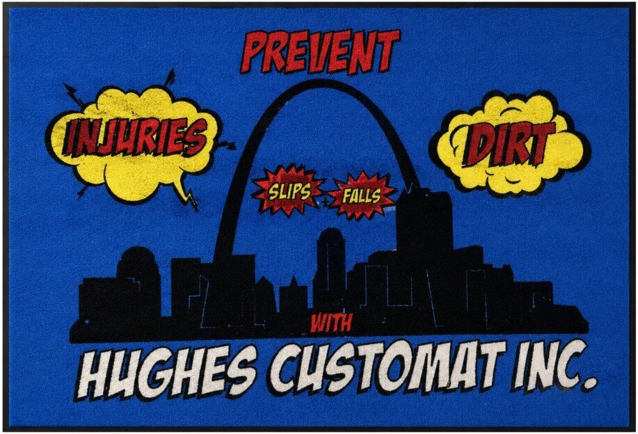 Hughes Customat branded commercial safety mat featuring the St. Louis skyline