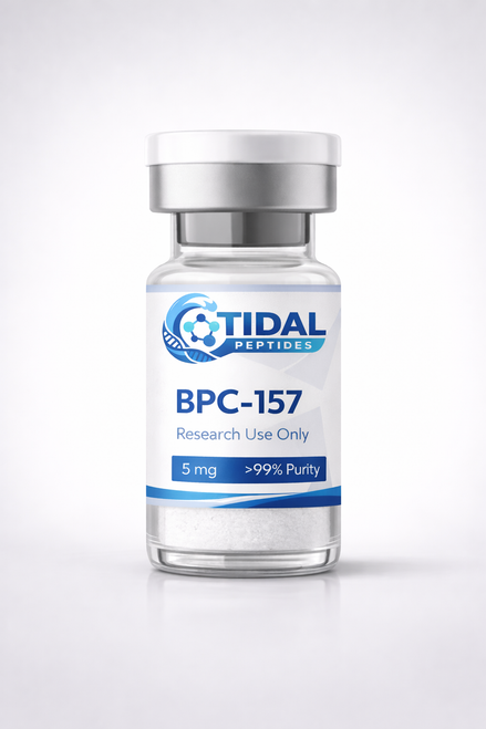 BPC-157 research peptide vial from Tidal Peptides with branded label, lyophilized powder, research use only