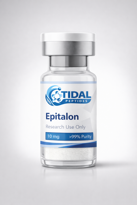 Epitalon research peptide vial from Tidal Peptides, 10 mg, lyophilized powder, research use only