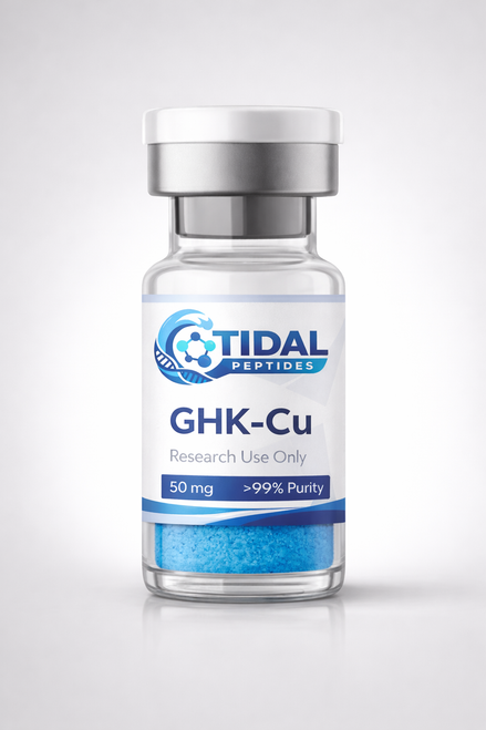 GHK-Cu research peptide vial from Tidal Peptides with branded label, blue copper peptide solution, 50 mg, research use only