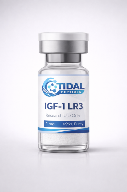 Tidal Peptides IGF-1 LR3 research peptide vial, 1 mg, lyophilized powder, research use only