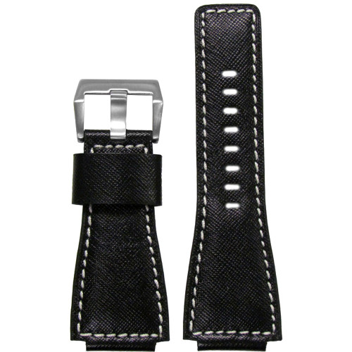 24mm Black Leather Diamond "KVLR" Watch Strap with White Stitching For Bell & Ross | Panatime.com
