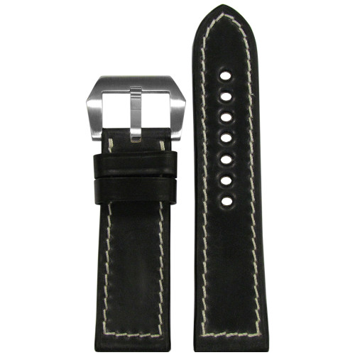 24mm Black Shell Cordovan Leather Watch Strap with White Stitching | Panatime.com