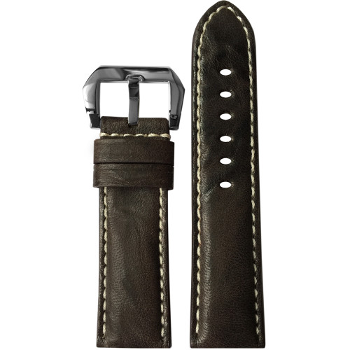 24mm Dark Brown Padded Distressed Vintage Leather Watch Strap with White Stitching | Panatime.com