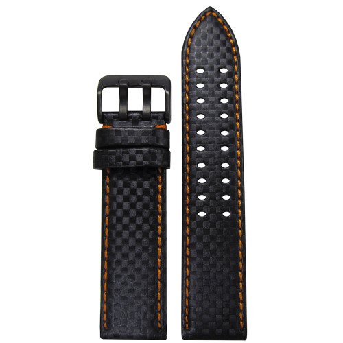 24mm PM Black Carbon Fiber Style Watch Strap with Orange Stitch,ing and Double Tang PVD Buckle | Panatime.com