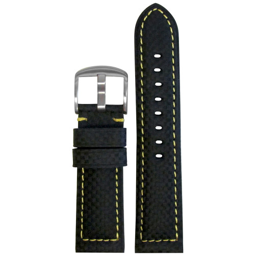 26mm Black Carbon Fiber Style Sport Watch Strap with Yellow Stitching | Panatime.com