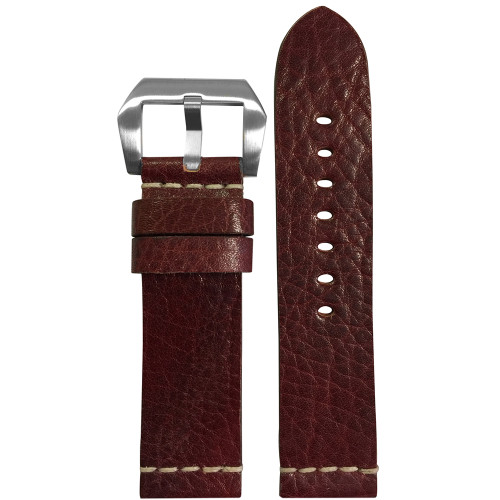 22mm Burgundy Genuine Vintage Leather Watch Strap with White Minimal Stitch | Panatime.com