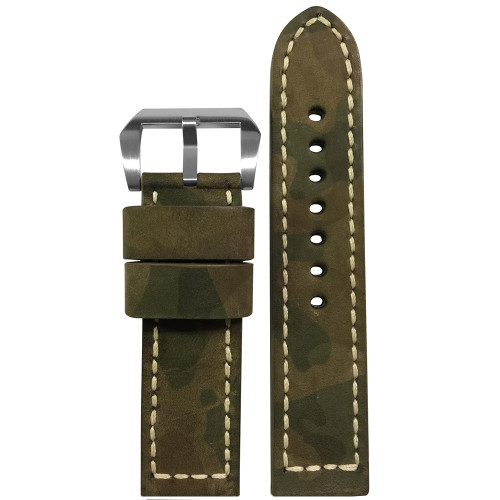 22mm (XL) RIOS1931 Classic Olive Camo Genuine Leather Watch Strap with White Stitching | Panatime.com