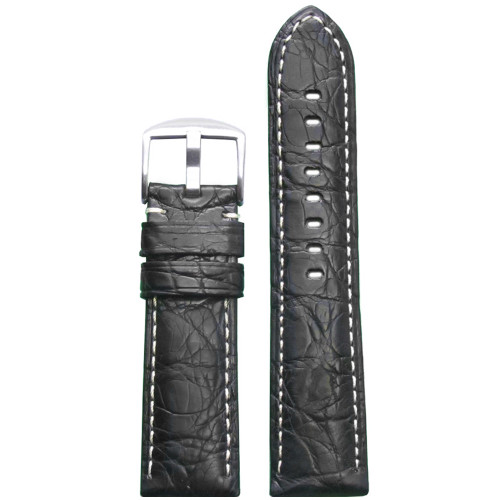 26mm (XL) Black Matte Genuine Crocodile Skin Padded Watch Strap with White Stitching | Panatime.com
