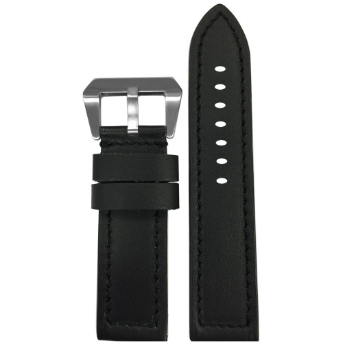 26mm (XL) Black 190 Soft Calf Leather Watch Strap with Black Stitching | Panatime.com