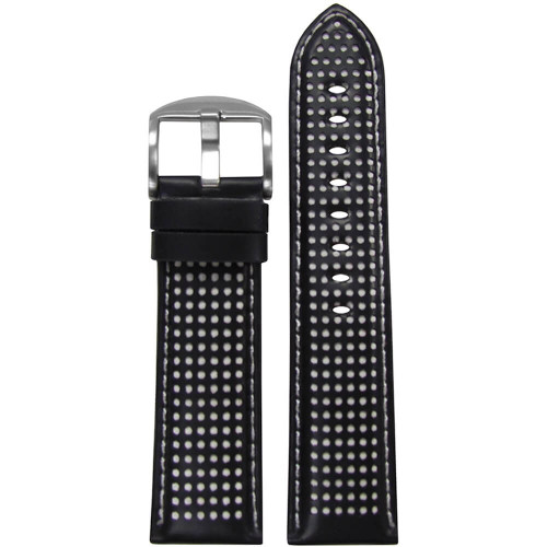 22mm Black Perforated Genuine Leather, Padded - White Holes & Stitching | Panatime.com