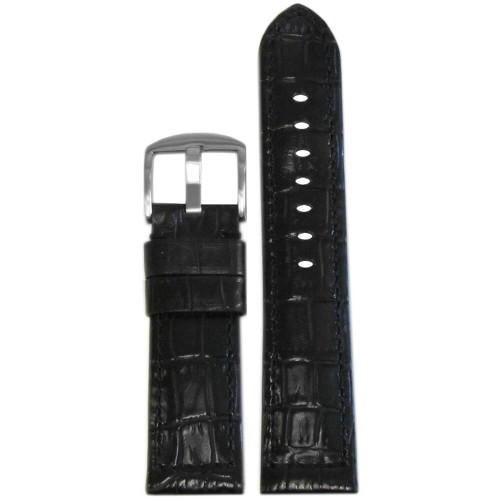 22mm Black Natural Classic Embossed Leather Gator Print - Padded, Match Stitching | Panatime.com
