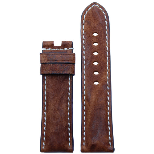Burnt Chestnut Vintage Leather Watch Strap with White Stitching for Panerai Deploy | Panatime.com