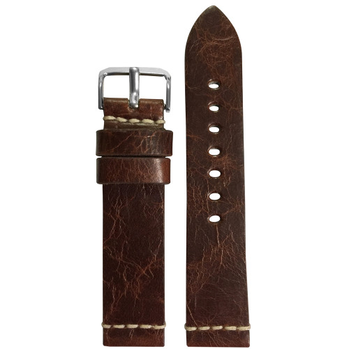Genuine Vintage Leather Watch Strap | Aged Brown | White Minimal Stitch | Panatime.com