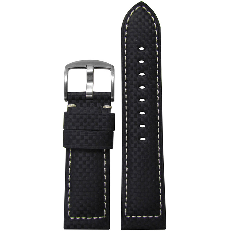 22mm Black Carbon Fiber Style Sport Watch Strap with White Stitching | Panatime.com