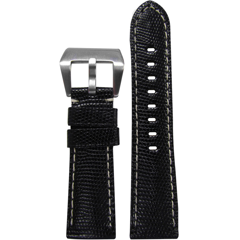 26mm Black Genuine Lizard Padded Watch Strap with White Stitching | Panatime.com