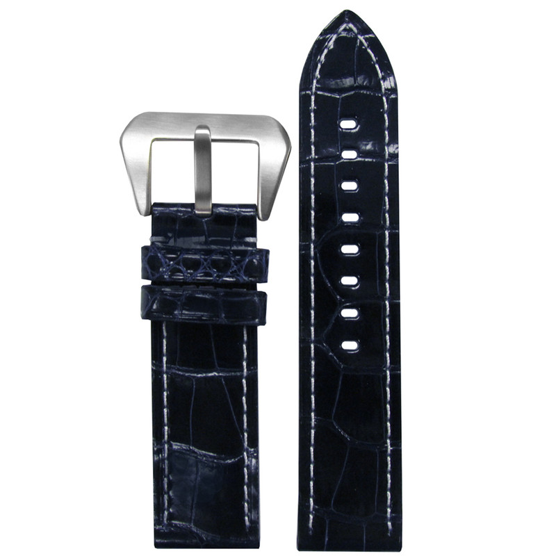 26mm (XL) Darkest Blue Glossy Genuine Alligator Skin - Flat, White Stitching | Panatime.com