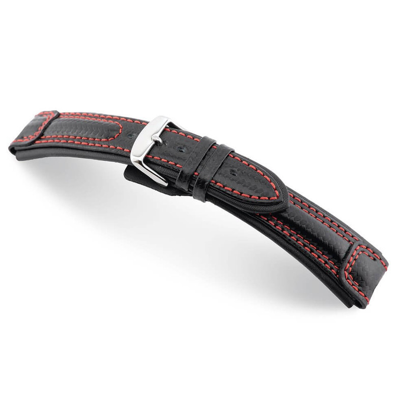 Black RIOS1931 Monza, Carbon Sport Watch Band with Red Stitching | Panatime.com