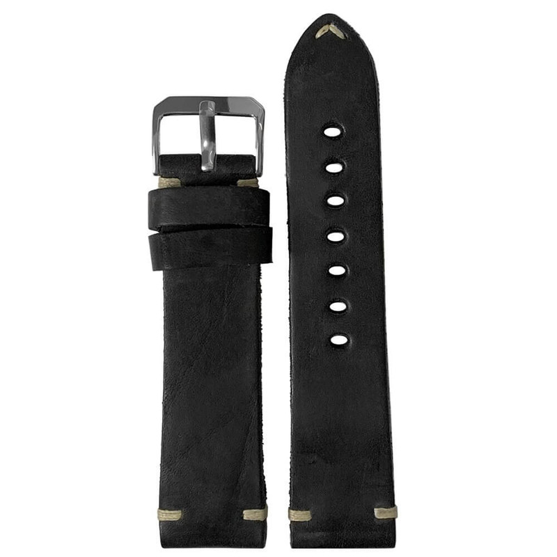 20mm Black Genuine Vintage Oiled Leather Watch Strap with Minimal Creme-White Hand Stitching  | Panatime.com