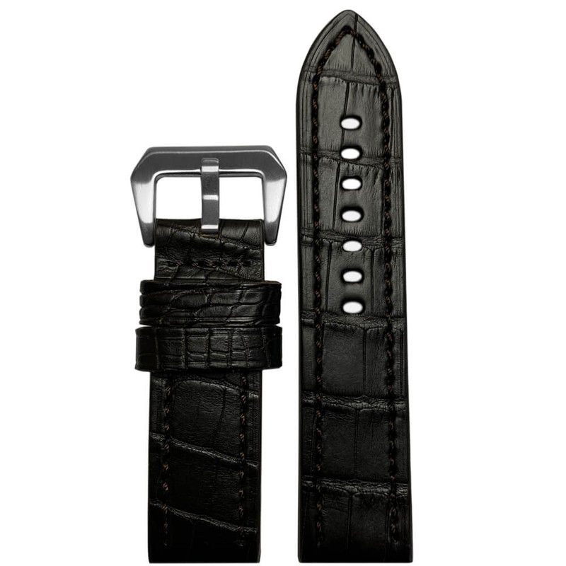 24mm Black Matte Genuine Louisiana Alligator Skin - Flat, Match Stitching | Panatime.com