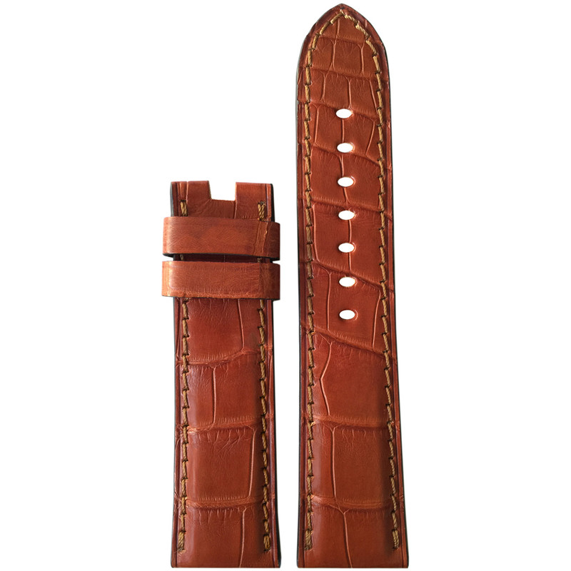 Cognac Matte Alligator Watch Strap with Match Stitching for Panerai Deploy | Panatime.com