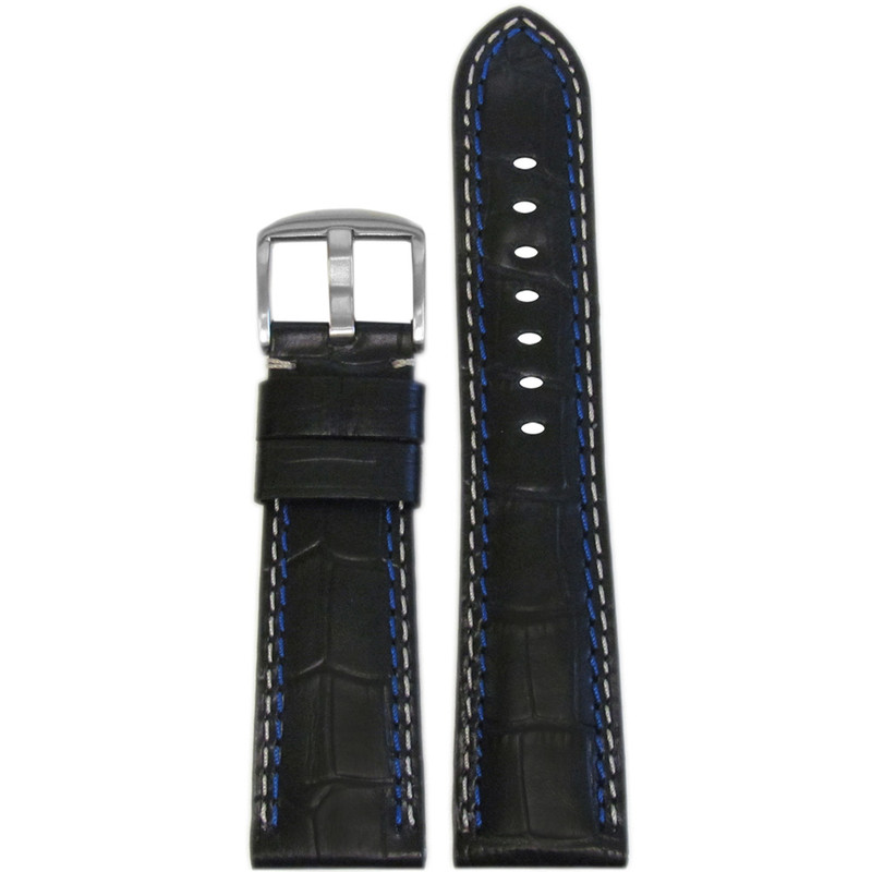 Embossed Leather "Gator" Watch Band | Black | White & Blue Stitching | for Panerai Radiomir | Panatime.com
