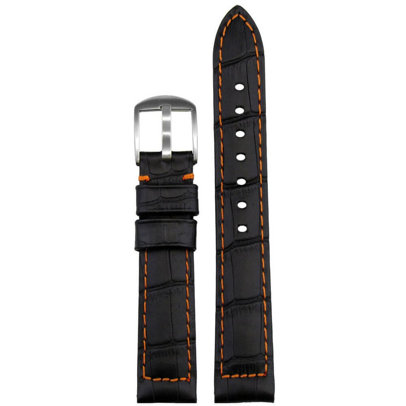 Black Embossed Leather Gator Print Watch Band | Orange Stitch + Lining | Padded | Panatime.com