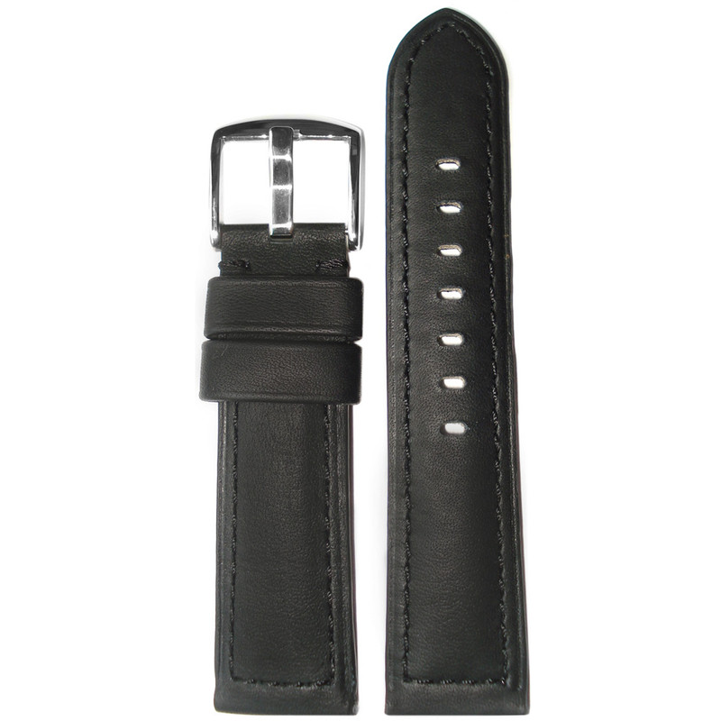 Genuine 190 Soft Calf Leather Watch Band | Black | Black Stitch | Padded | Panatime.com