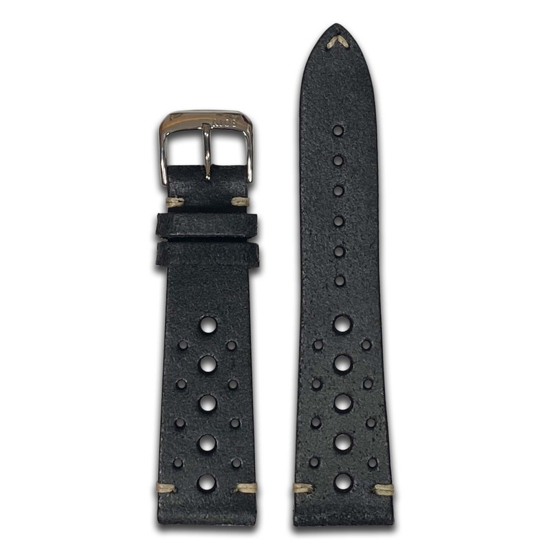 Vintage Leather Watch Band | Black | Racing Holes | Cream White Stitch | Panatime.com