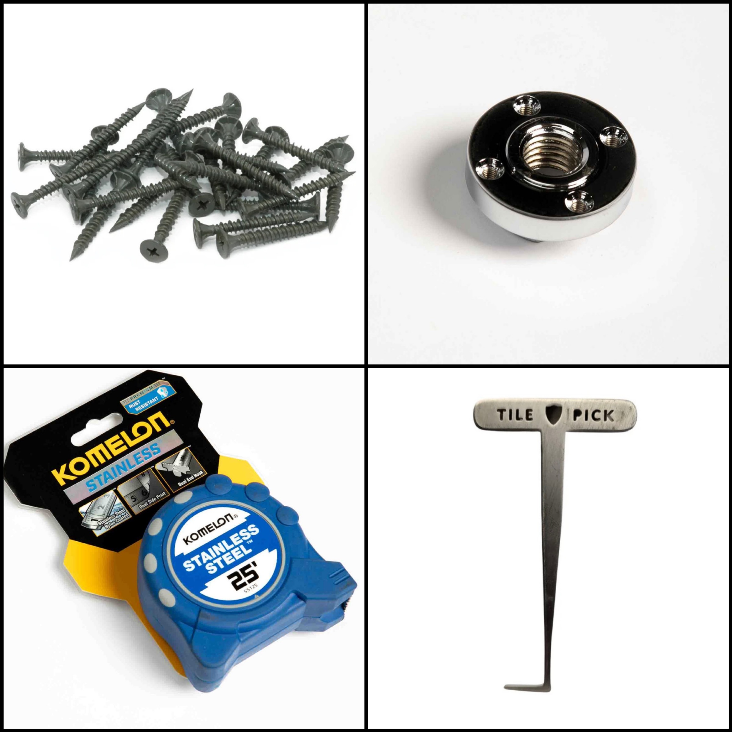 Backer Board Skrews, Tile Pick, Tape Measure, Blade Flange, Flush mount adapter, for tile and stone. 