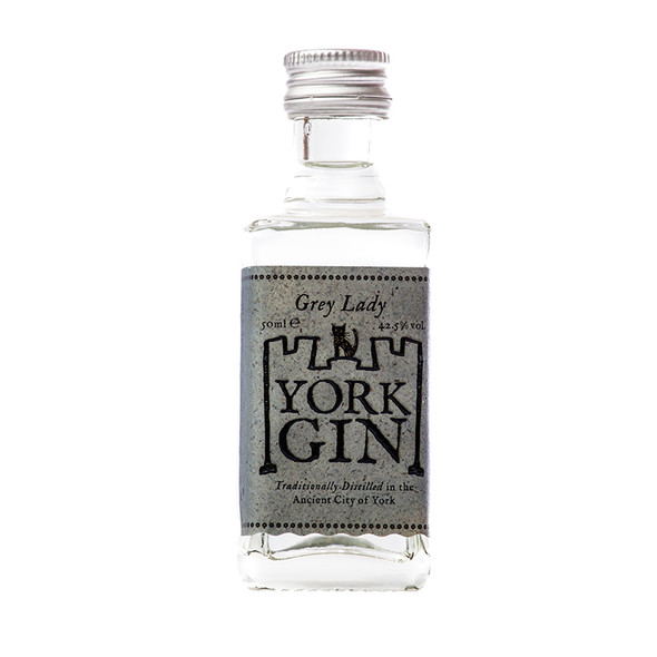 York Gin Grey Lady 5cl bottle. Front view on white background. Gold medal winner, London Spirits Comp 2022.