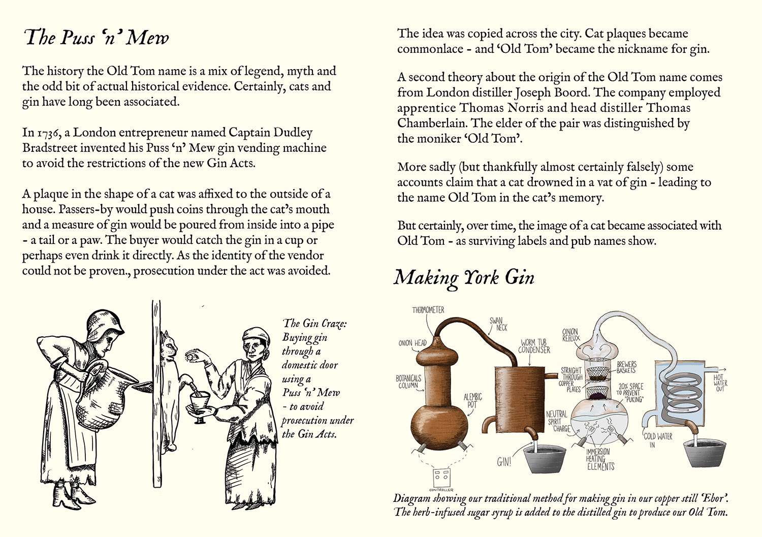 Old Tom Gin booklet sample page history puss n mew