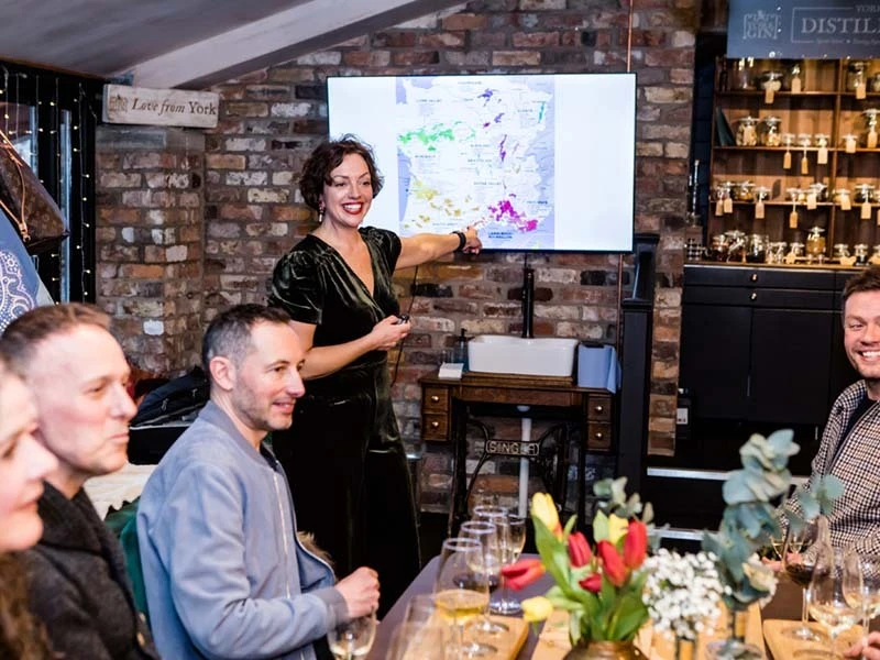 Emma Moore presenting at the Wine Tasting Club at York Distillery, a home of York Gin