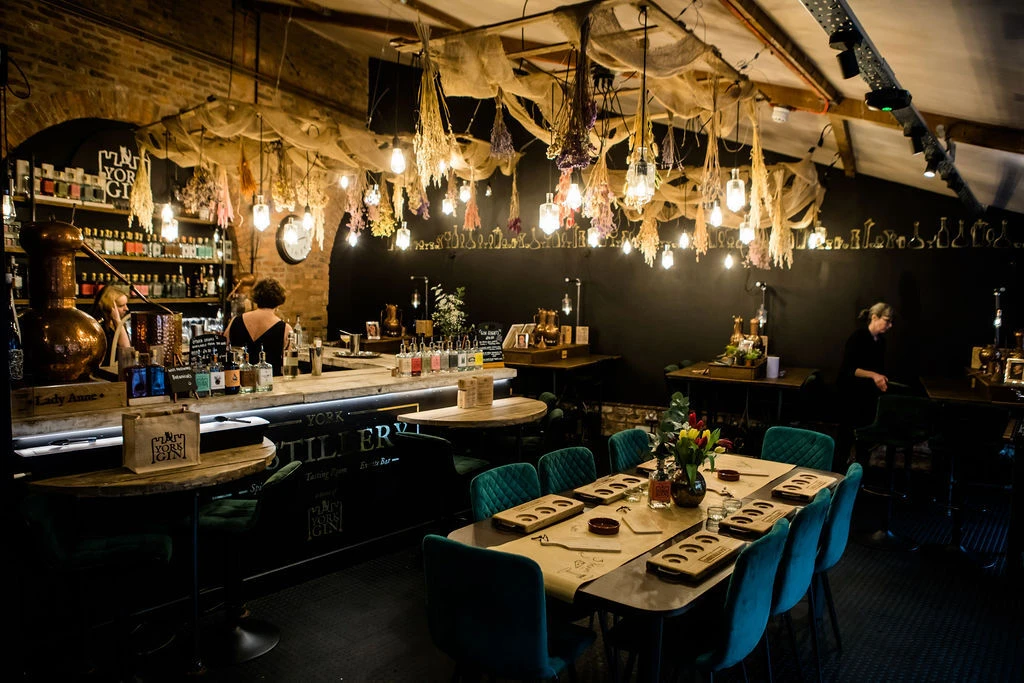 The speakeasy-style room at York Distillery set up for a Champagne tasting