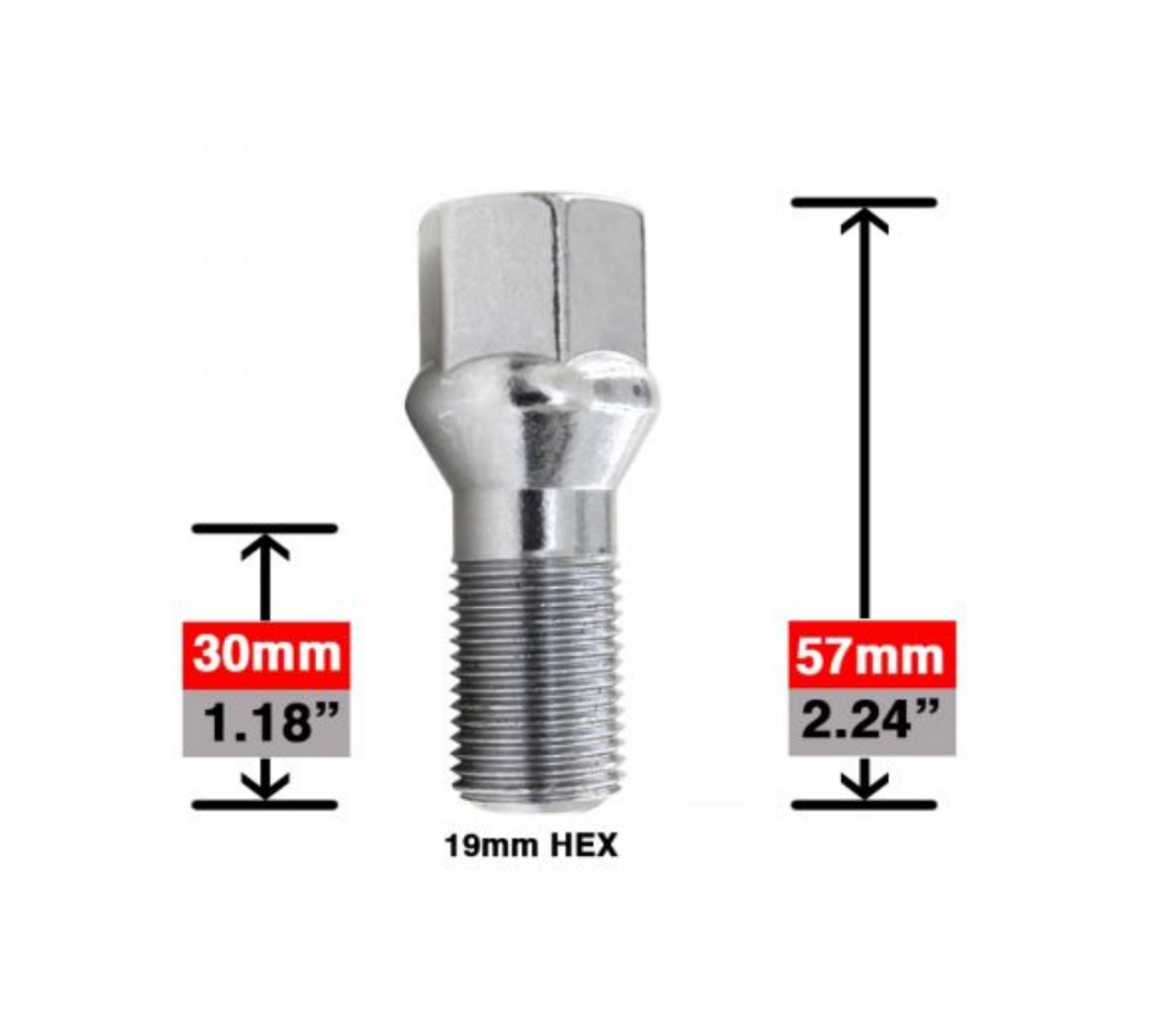 16x1.5 Acorn Conical Cone Seat Lug Bolt Thread Length: 1.18" (30mm) - 19mm Socket [Chrome]