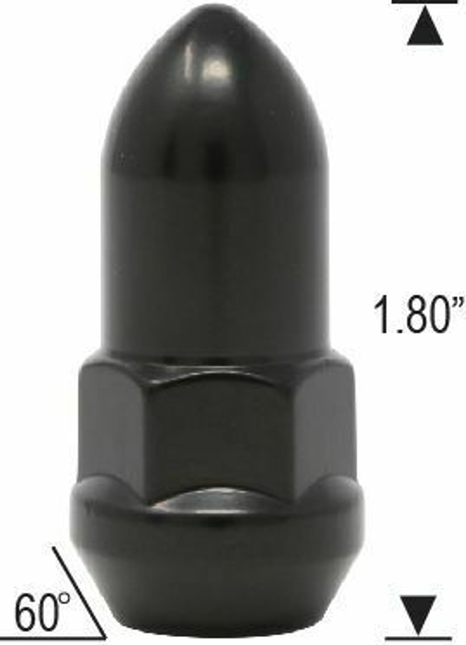 12x1.25 Bulge Acorn Bullet Black Lug Nut Length: 1.80" Socket: 3/4"