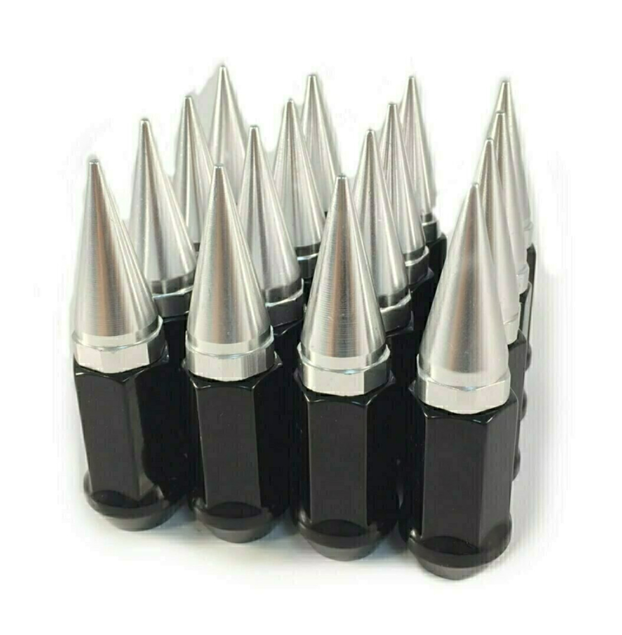 24 Pieces - 14x1.5 Black Silver Spike Lug Nuts 2-Piece Twist Off